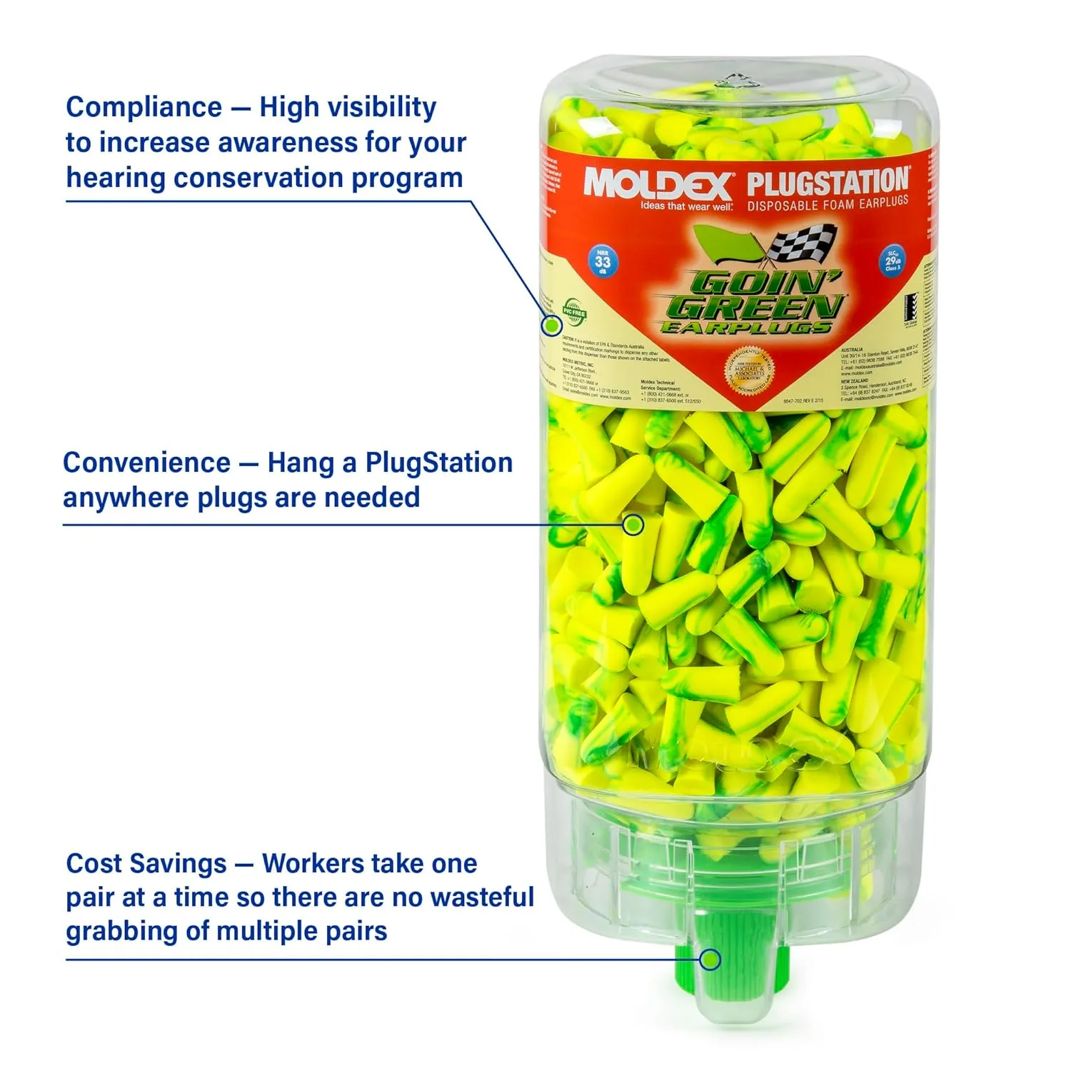 Moldex Goin' Green® PlugStation® Uncorded Disposable Foam Earplug Dispenser 6647, NRR 33dB