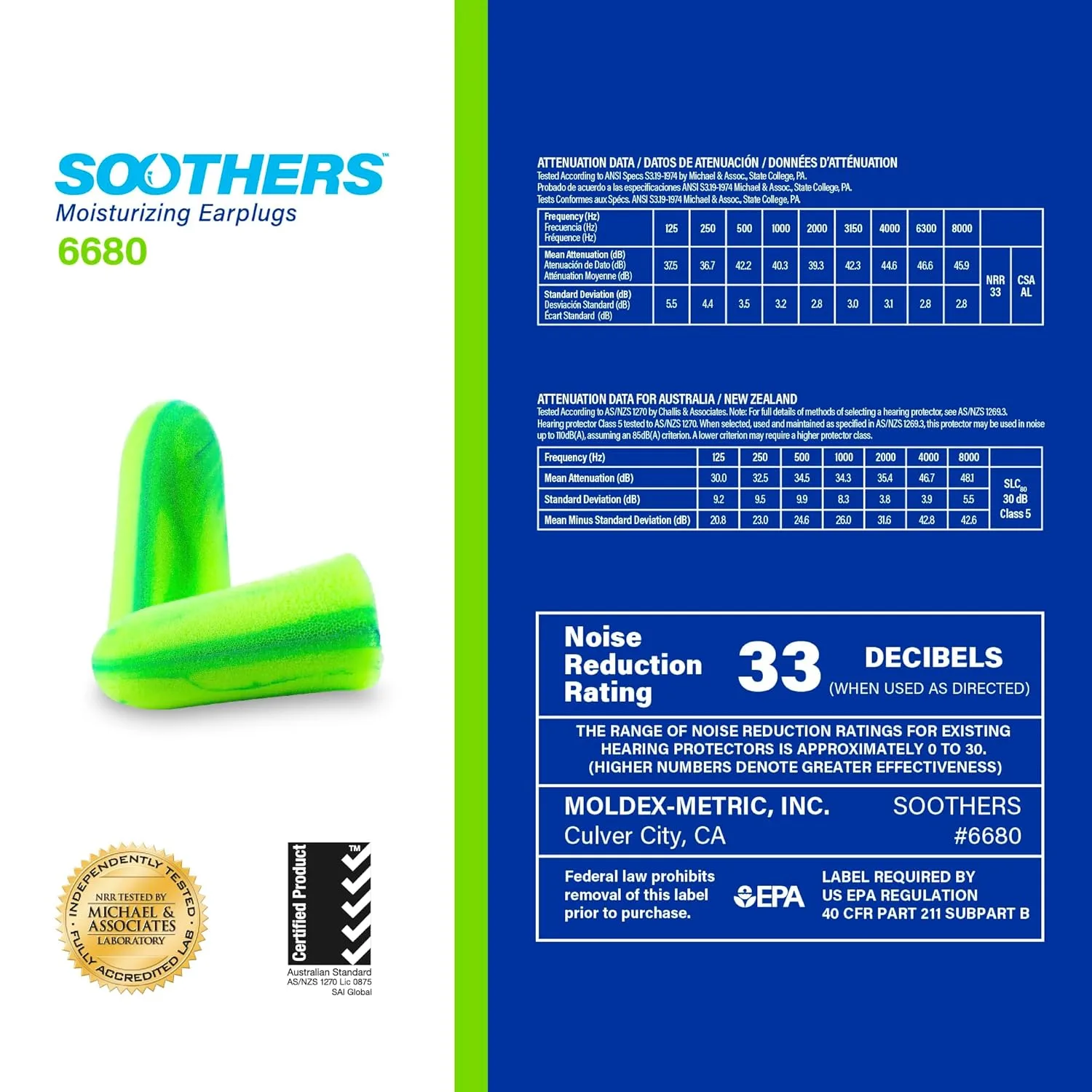 Moldex Soothers™ Moisturizing Foam Earplugs 6680, NRR 33 dB