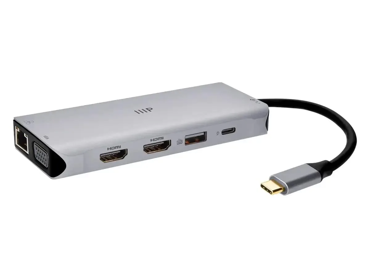 Monoprice 12-in-1 Dual-HDMI + VGA MST Triple Monitor Docking Station, Dual 4K HDMI, VGA, 5Gbps USB-A, Gigabit Ethernet