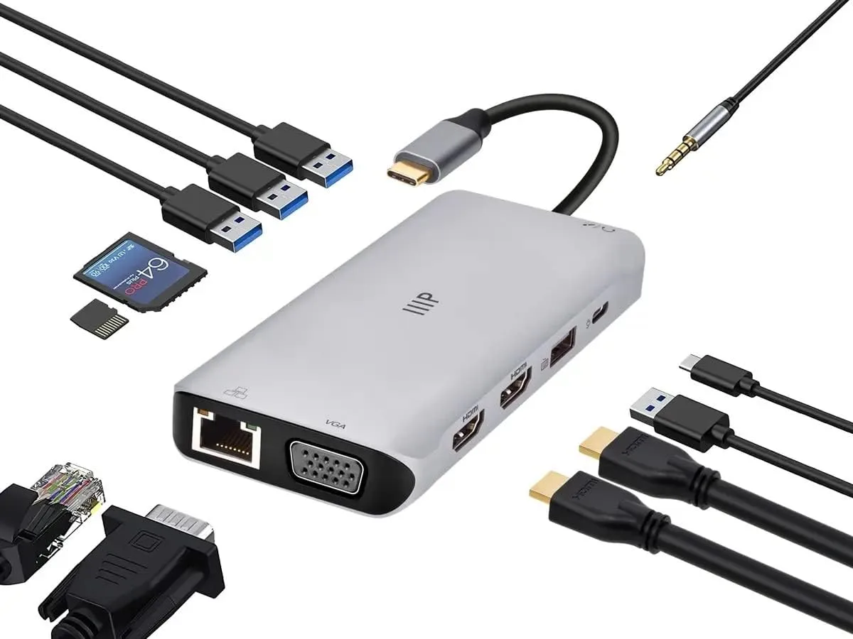 Monoprice 12-in-1 Dual-HDMI + VGA MST Triple Monitor Docking Station, Dual 4K HDMI, VGA, 5Gbps USB-A, Gigabit Ethernet