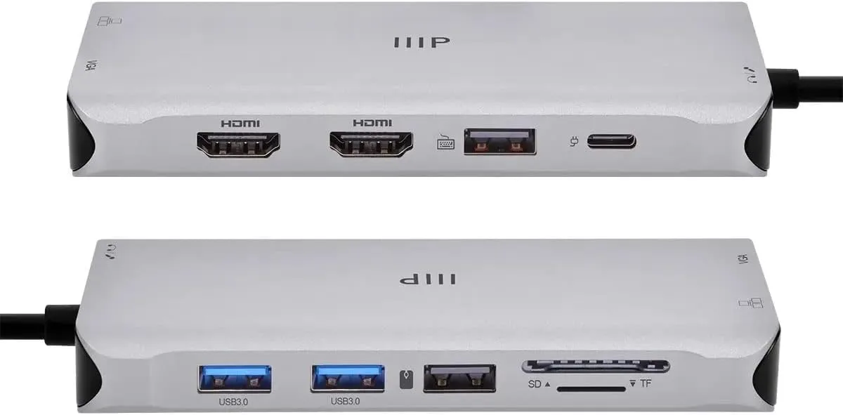 Monoprice 12-in-1 Dual-HDMI + VGA MST Triple Monitor Docking Station, Dual 4K HDMI, VGA, 5Gbps USB-A, Gigabit Ethernet