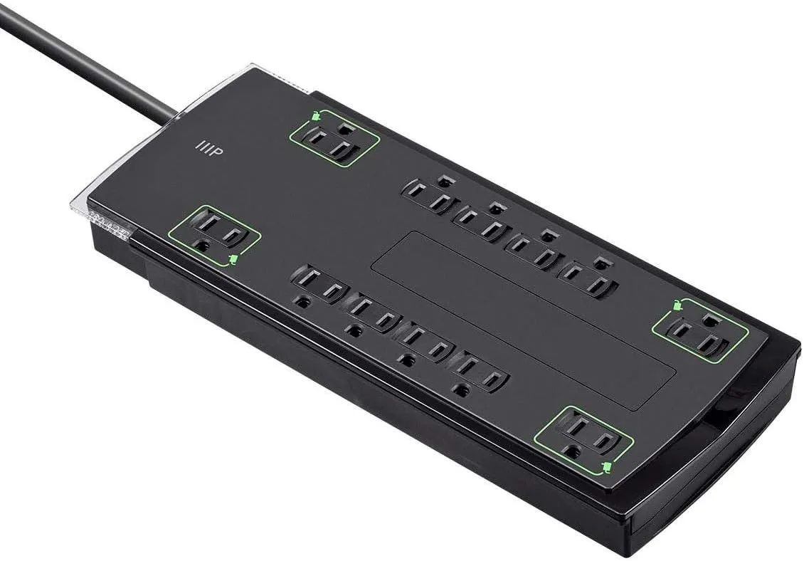 Monoprice 12 Outlet Slim Surge Protector Power Strip - 10 Feet - Black | Heavy Duty Cord | UL Rated, 4