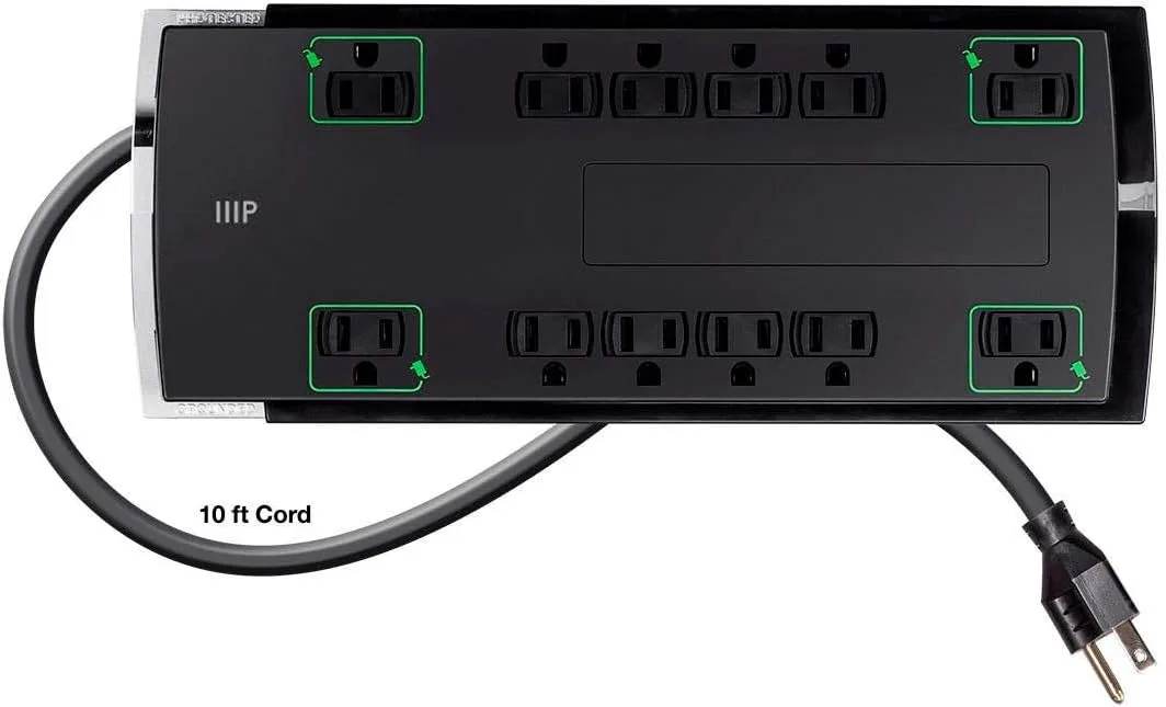 Monoprice 12 Outlet Slim Surge Protector Power Strip - 10 Feet - Black | Heavy Duty Cord | UL Rated, 4