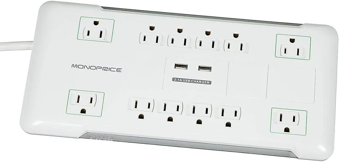 Monoprice Power & Surge - 12 Outlet Surge Protector Power Strip with 2 Built In 2.1A USB Charger - Protected Light Indicator