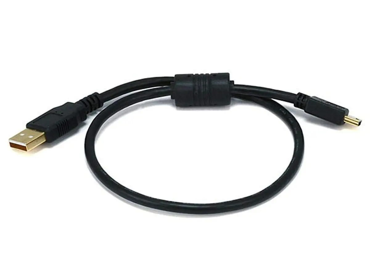Monoprice 1.5-Feet USB 2.0 A Male to Mini-B 5pin Male 28/24AWG Cable with Ferrite Core (Gold Plated) (105446),Black