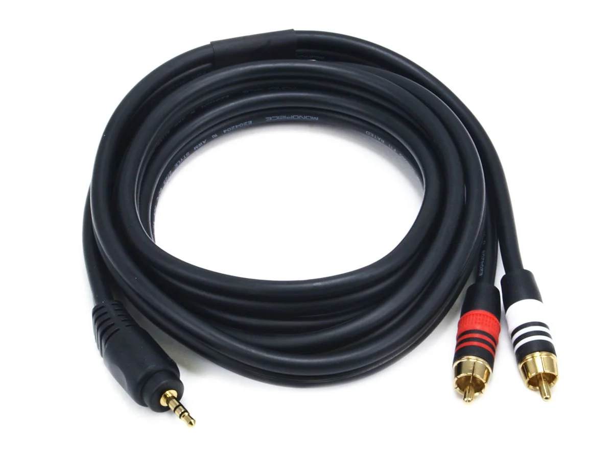 Monoprice 6in & 6ft Premium 3.5mm Stereo Female/Male to 2RCA Male 22AWG Cable (Gold Plated) - Black Cable + Cable, 6ft