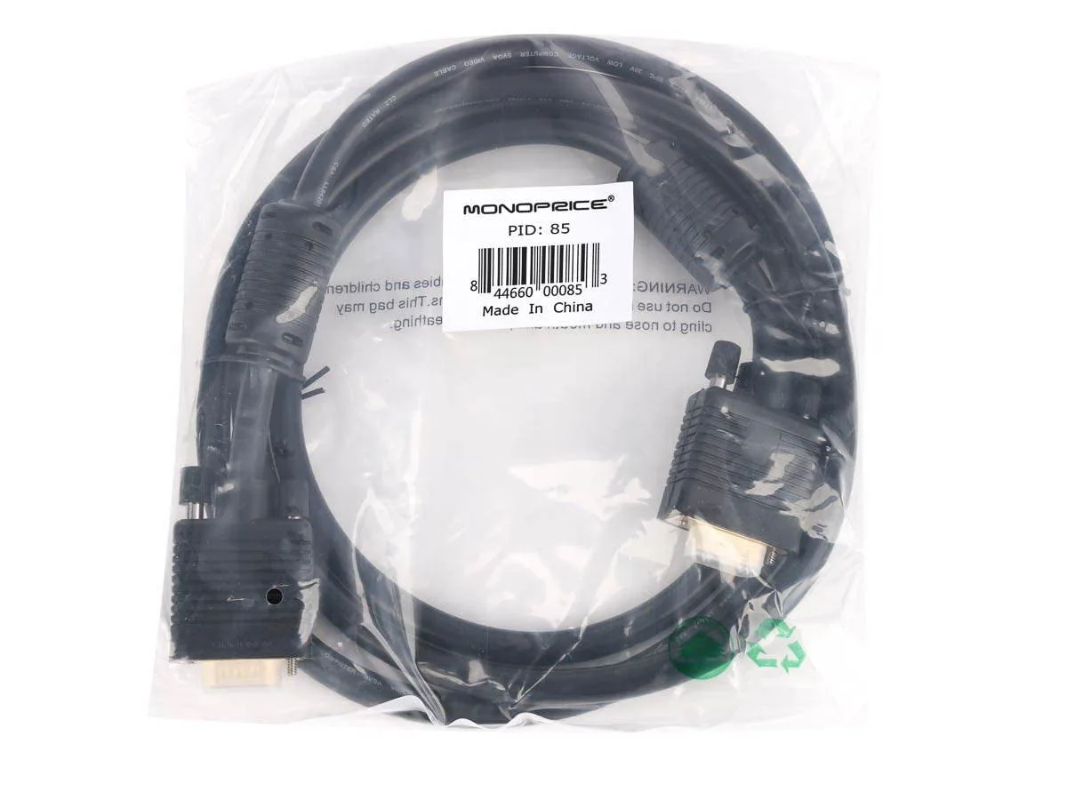 MONOPRICE Super VGA (SVGA) Monitor Cable - DE-15 Male to Male, Gold-Plated with Ferrites