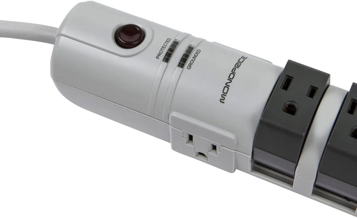 Monoprice 8 Outlet Rotating Surge Strip - UL Rated 2,160 Joules with Grounded and Protected Light Indicator, Gray