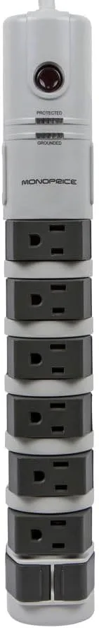 Monoprice 8 Outlet Rotating Surge Strip - UL Rated 2,160 Joules with Grounded and Protected Light Indicator, Gray