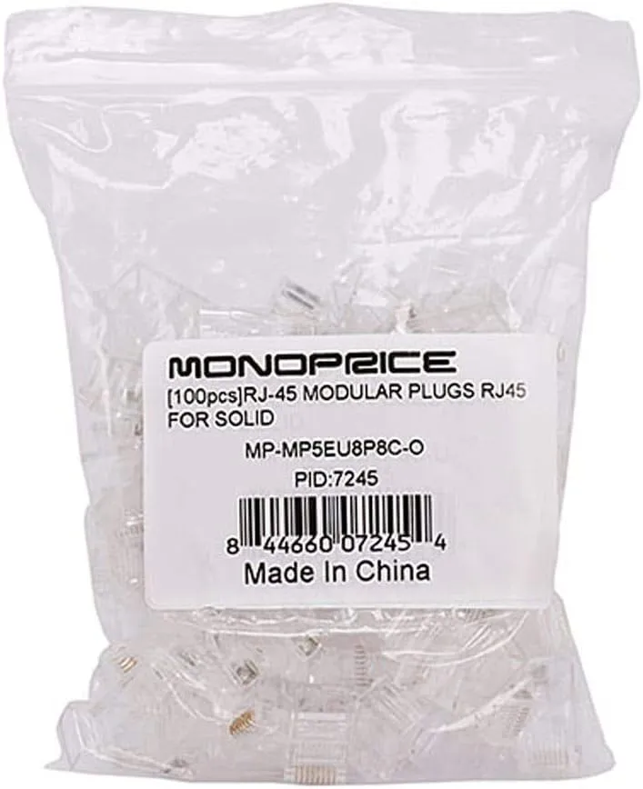 Monoprice Cat5e RJ45 Modular Plugs - Crimp Connectors, Gold Plated Contacts, UTP, For Solid Wire, 100-Pack