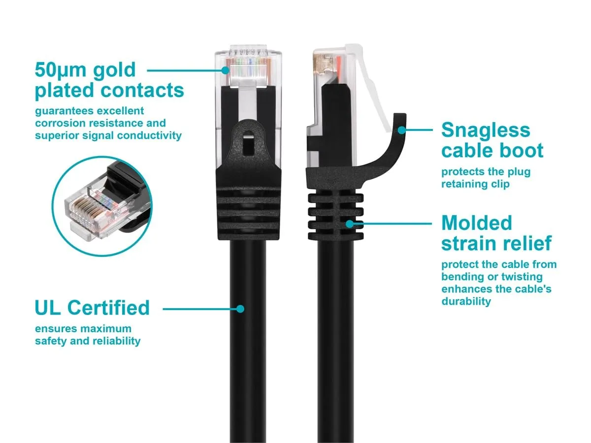Monoprice Cat6 2ft Black Patch Cable UTP 24AWG 550MHz Pure Bare Copper Snagless RJ45 Flexboot Series Ethernet Cable 1