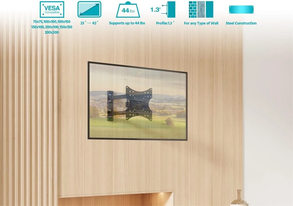 Monoprice Full Motion Single-Stud TV Wall Mount Bracket for 23" to 43" TVs up to 44lbs, Max VESA 200x200