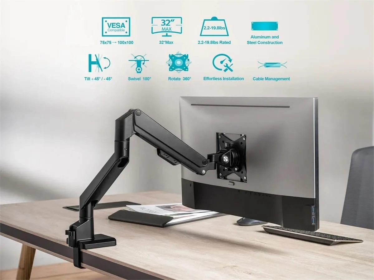 Monoprice Low Profile Single Monitor Gas Spring Desk Mount - Up to 32in/19.8 lbs Screens