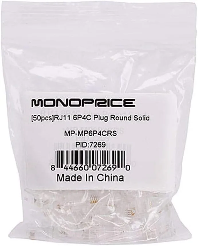 Monoprice 6P4C RJ11 Modular Plugs - For Round Solid/Stranded Cable, 3 Prongs, 50 Pack, Clear