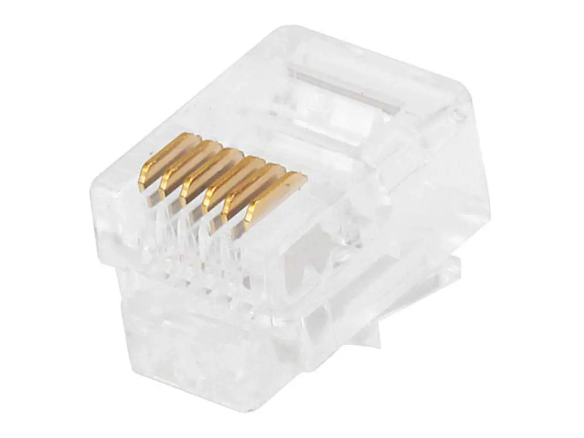 Monoprice 6P6C RJ12 Modular Plugs - For Flat Solid/Stranded Cable, 1u, 2 Prongs, 50 Pack, Clear