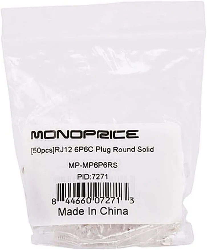 Monoprice 6P6C RJ12 Modular Plugs - For Round Solid/Stranded Cable, 1u, 3 Prongs, 50 Pack, Clear