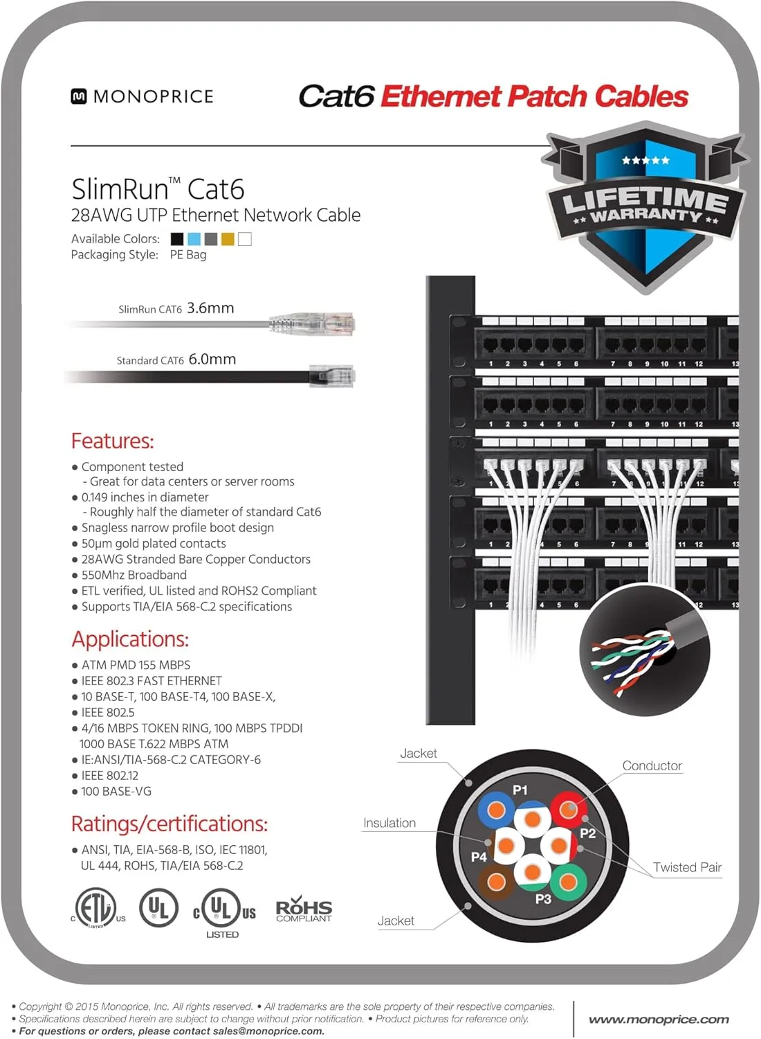 Monoprice SlimRun Cat6 UTP Ethernet Patch Cable 28AWG 550MHz Snagless