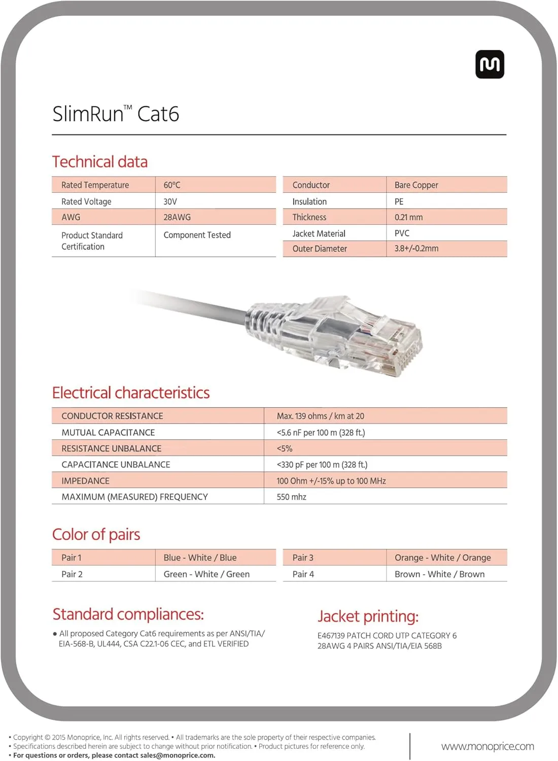 Monoprice SlimRun Cat6 UTP Ethernet Patch Cable 28AWG 550MHz Snagless