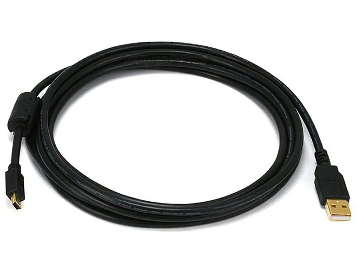 Monoprice USB 2.0 Type-A Male to Mini-B 5pin Male Cable - with Ferrite Core, Gold Plated, 28/24AWG, 6 Feet, Black