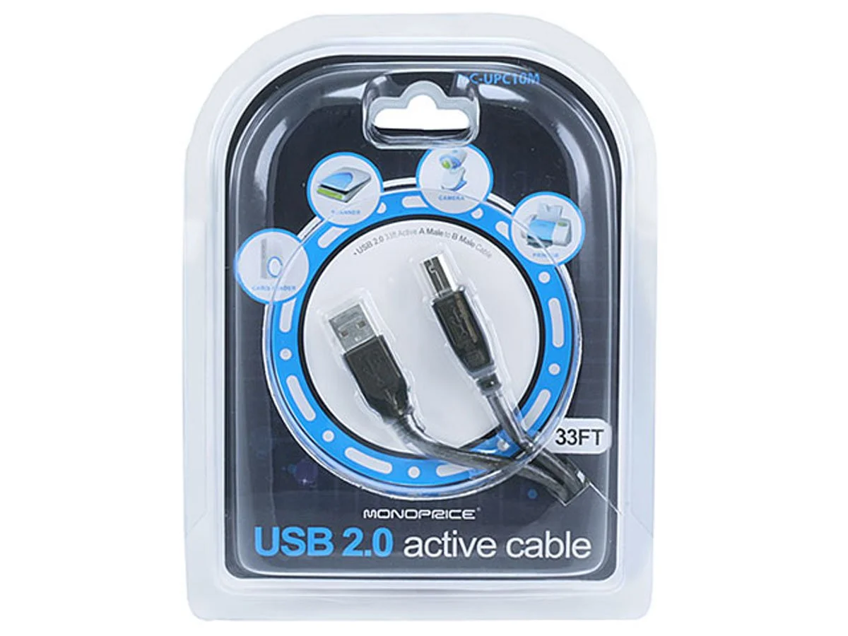 Monoprice USB 2.0 Extension Cable - USB Type-A to USB Type-B, Male to Male, Active, 28/24AWG, 33 Feet, Black