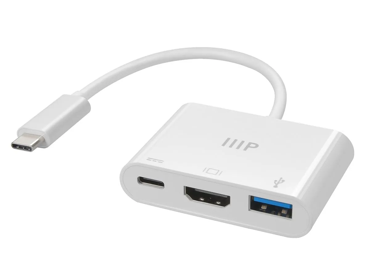 Monoprice 3-in-1 USB-C to HDMI Multiport Adapter - Compact and Portable, True Plug-n-Play