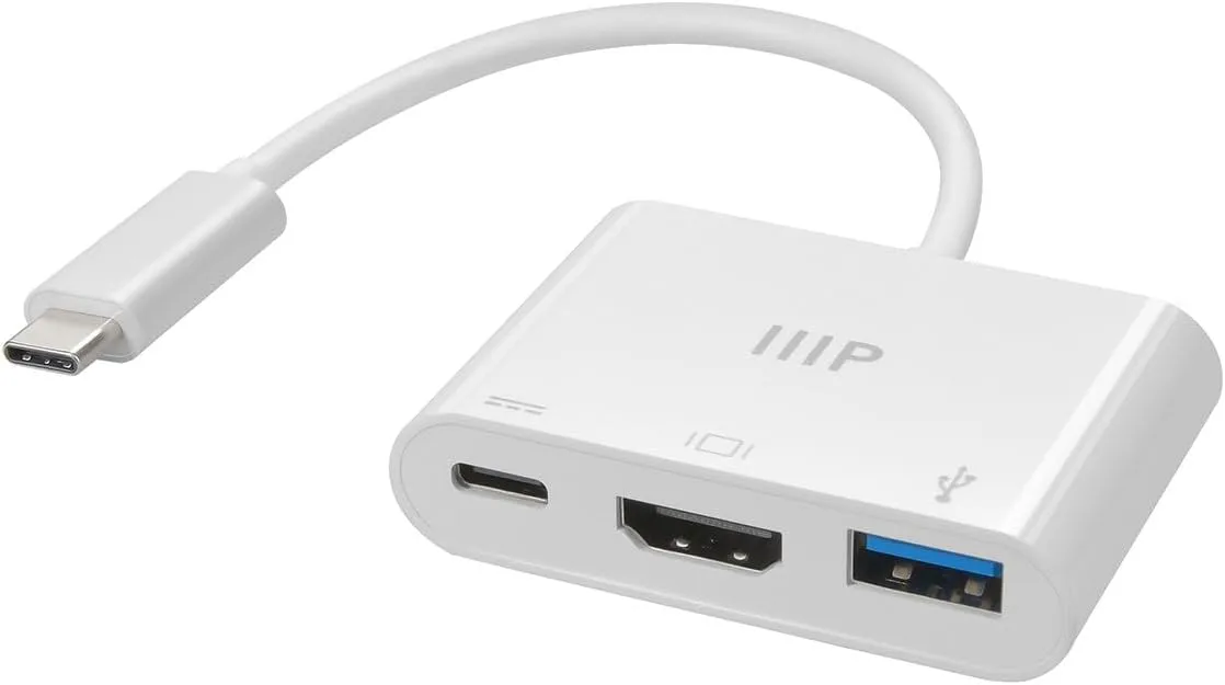 Monoprice 3-in-1 USB-C to HDMI Multiport Adapter - Compact and Portable, True Plug-n-Play