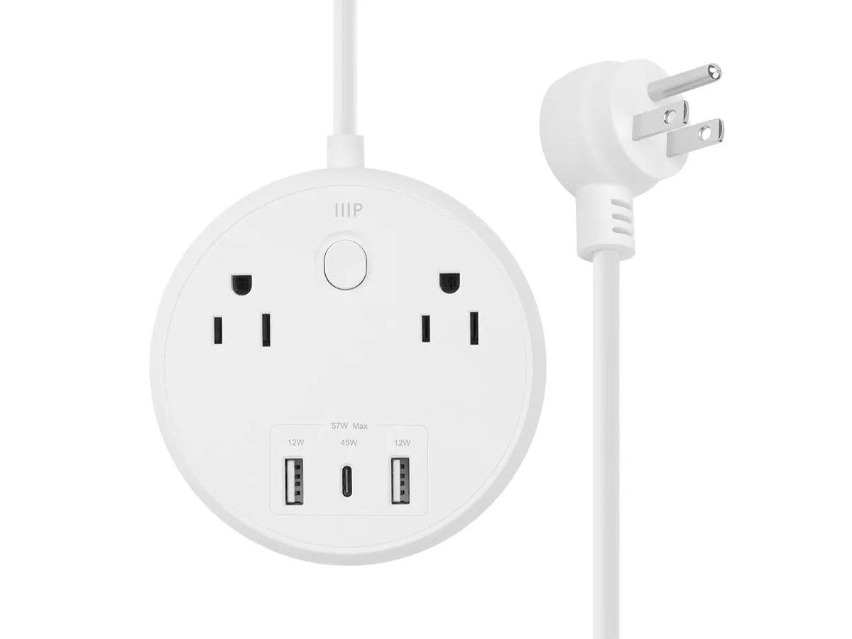 Monoprice USB-C Power Strip, 2 Outlets and 57W 3 USB with 5-Foot Extension Cord, Compact Travel Size, for MacBook Pro