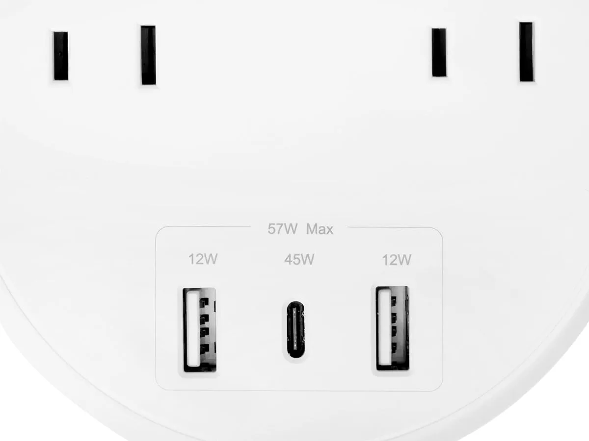 Monoprice USB-C Power Strip, 2 Outlets and 57W 3 USB with 5-Foot Extension Cord, Compact Travel Size, for MacBook Pro