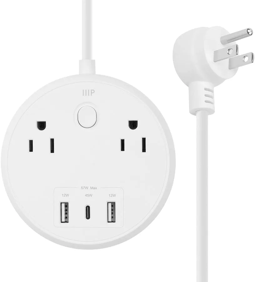 Monoprice USB-C Power Strip, 2 Outlets and 57W 3 USB with 5-Foot Extension Cord, Compact Travel Size, for MacBook Pro