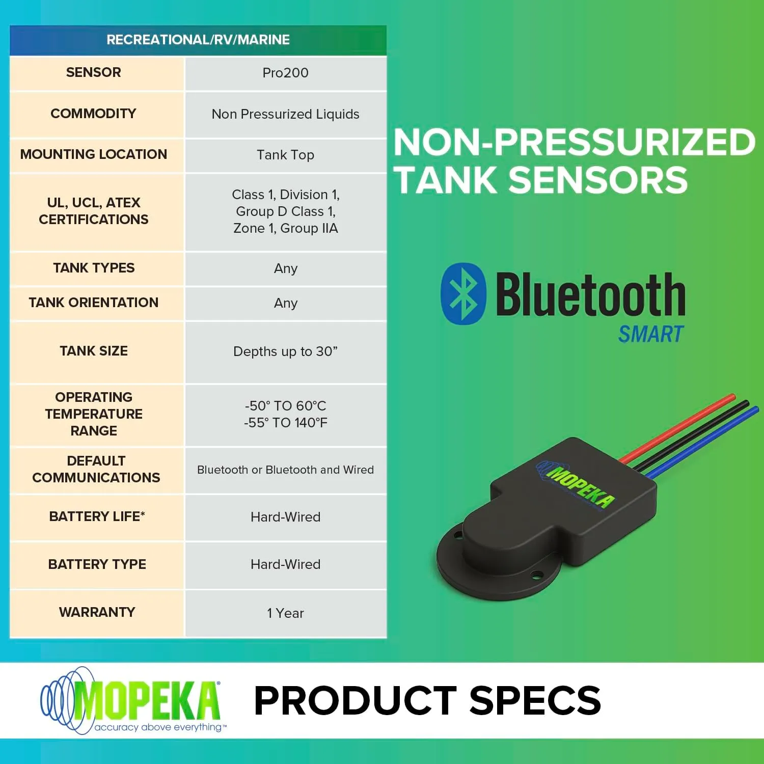 Mopeka Pro200 - Bluetooth & Wired Ultrasonic Sensor for Non-Pressurized Tanks