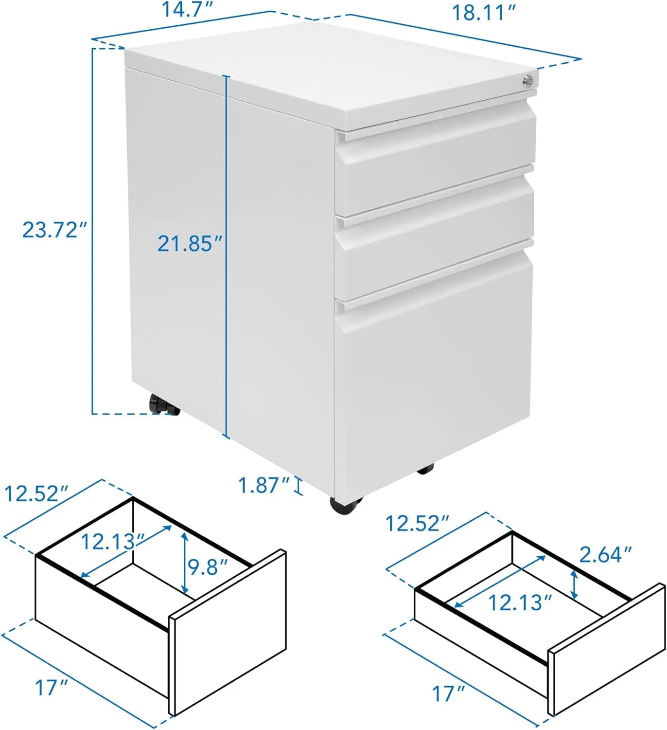 Mount-It! 3 Drawer Mobile File Cabinet with Lock and Wheels