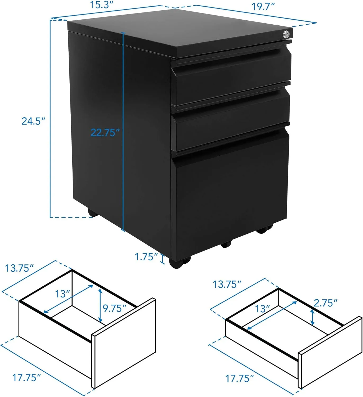 Mount-It! 3 Drawer Mobile File Cabinet with Lock and Wheels