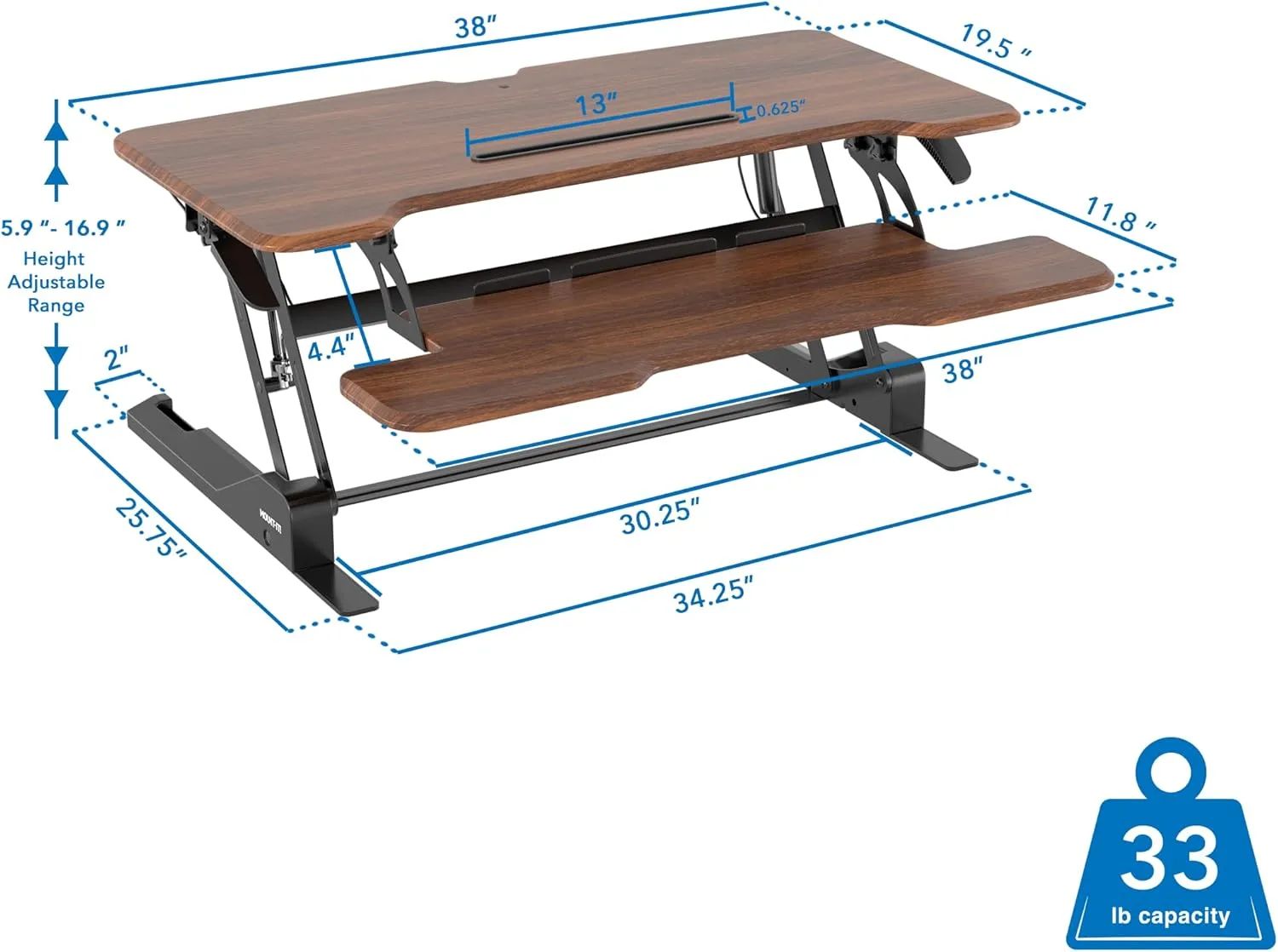 Mount-It! 38in Wide Height Adjustable Standing Desk Converter with Keyboard Tray