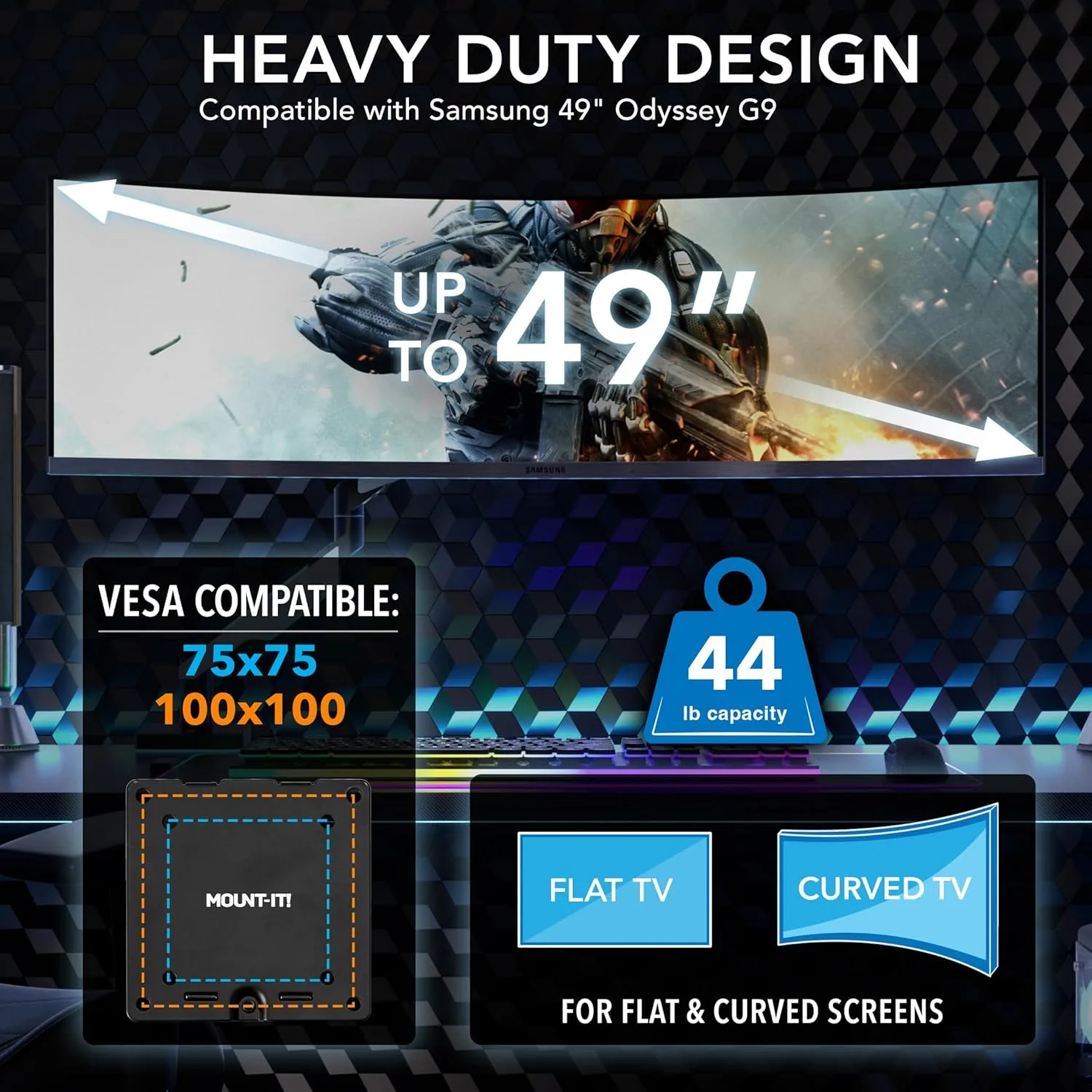 Mount-It! Heavy-Duty Ultrawide Monitor Arm up to 49" / 44 lb for Samsung Odyssey G9