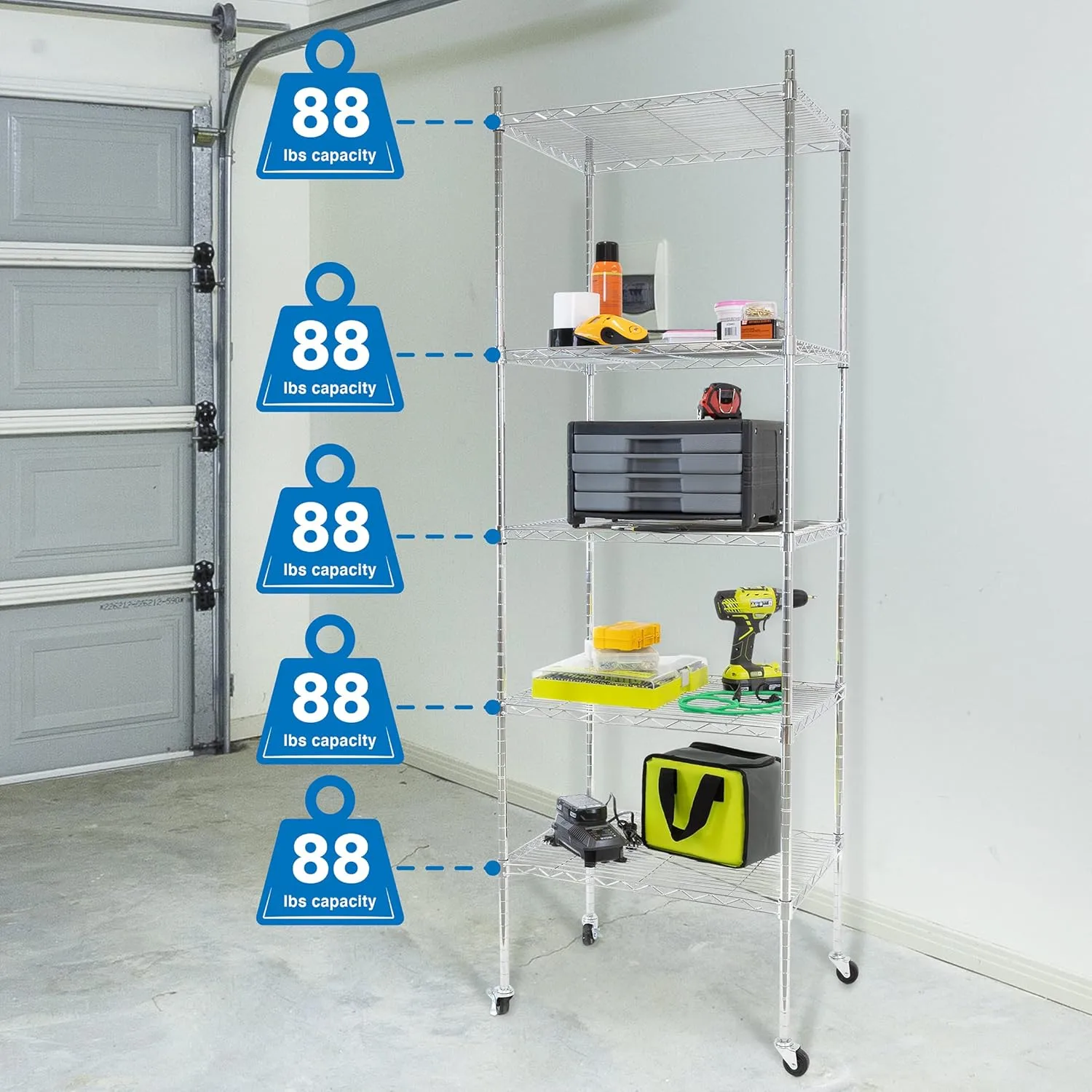 Mount-It! 5 Tier Chrome Wire Shelving on Wheels, Versatile, Adjustable Shelf Height Metal Storage Organizer for Kitchen