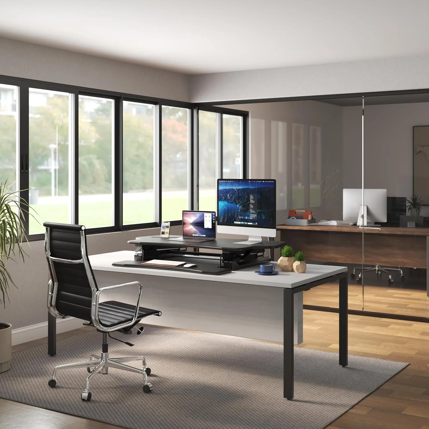 Mount-It! Height Adjustable Standing Desk Converter, Extra Large 48” Wide Tabletop for Dual Monitors