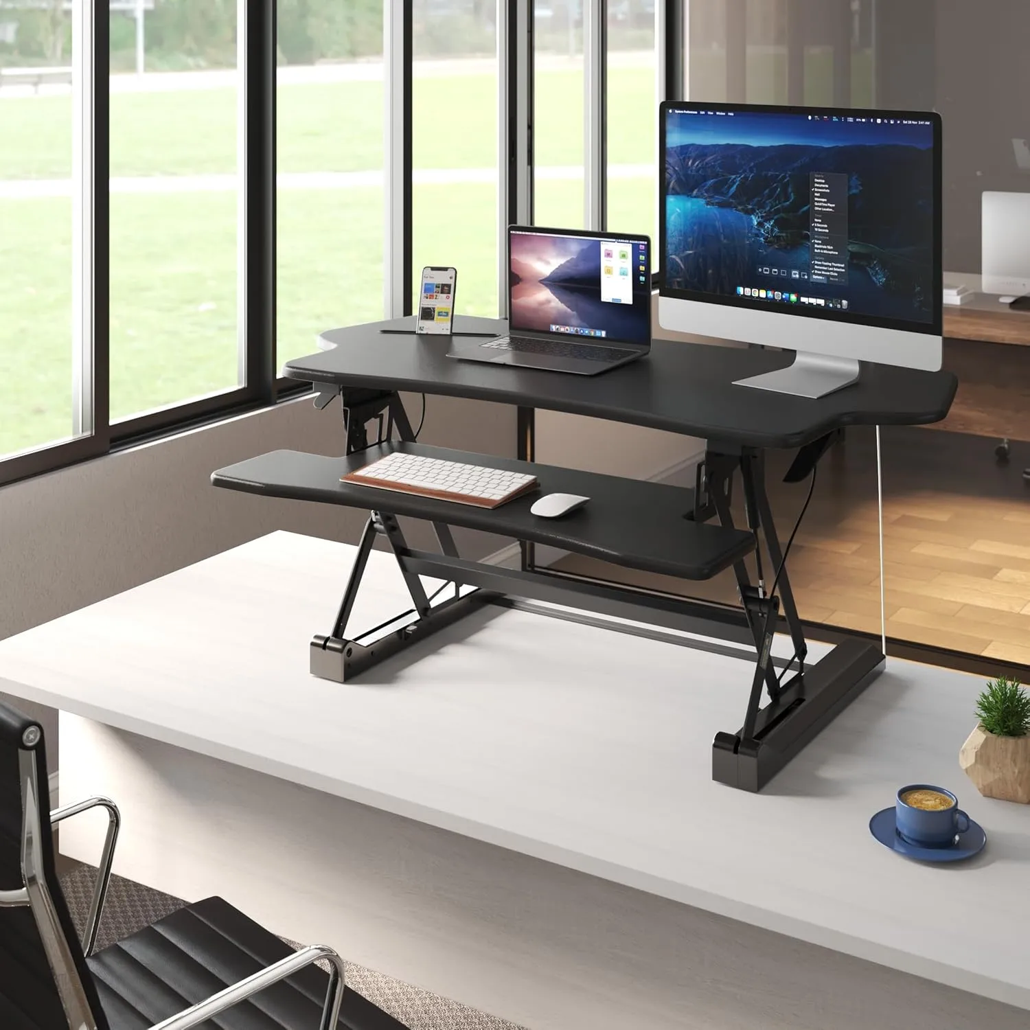 Mount-It! Height Adjustable Standing Desk Converter, Extra Large 48” Wide Tabletop for Dual Monitors