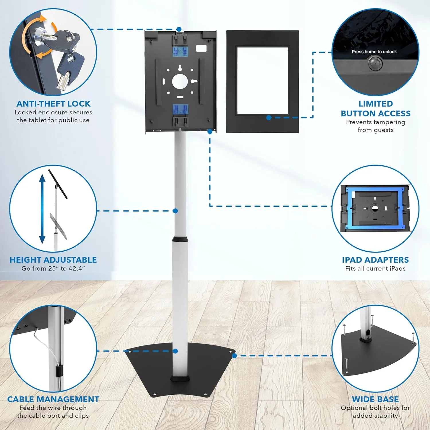 Mount-It! Anti-Theft Tablet Kiosk Floor Stand Compatible with iPad 10, 9, 8, Pro 11, 10.5, Air 10.5