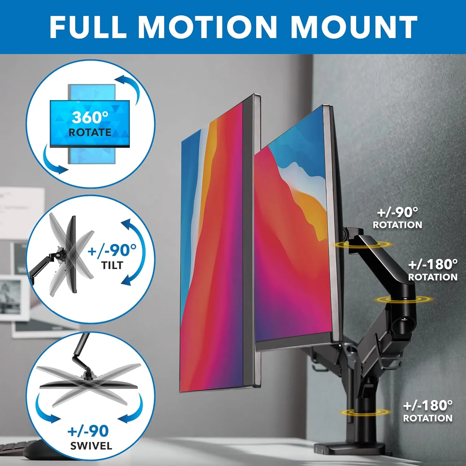 Mount-It! Dual Monitor Arm for 2 Monitors 17" to 32" Screens, Holds 19.8lbs per Arm, Height Adjustable, Tilt/Swivel/Rotate
