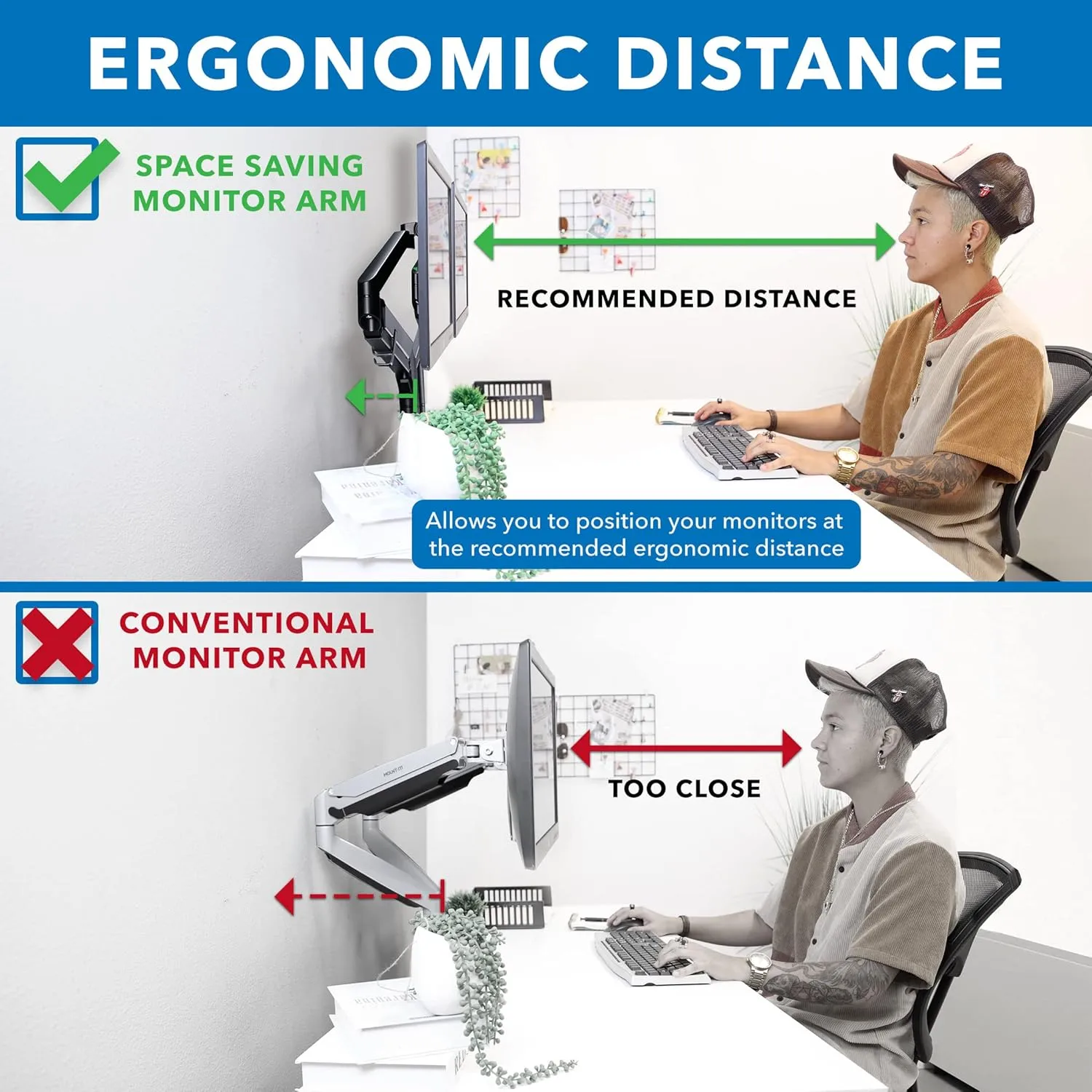 Mount-It! Dual Monitor Arm for 2 Monitors 17" to 32" Screens, Holds 19.8lbs per Arm, Height Adjustable, Tilt/Swivel/Rotate