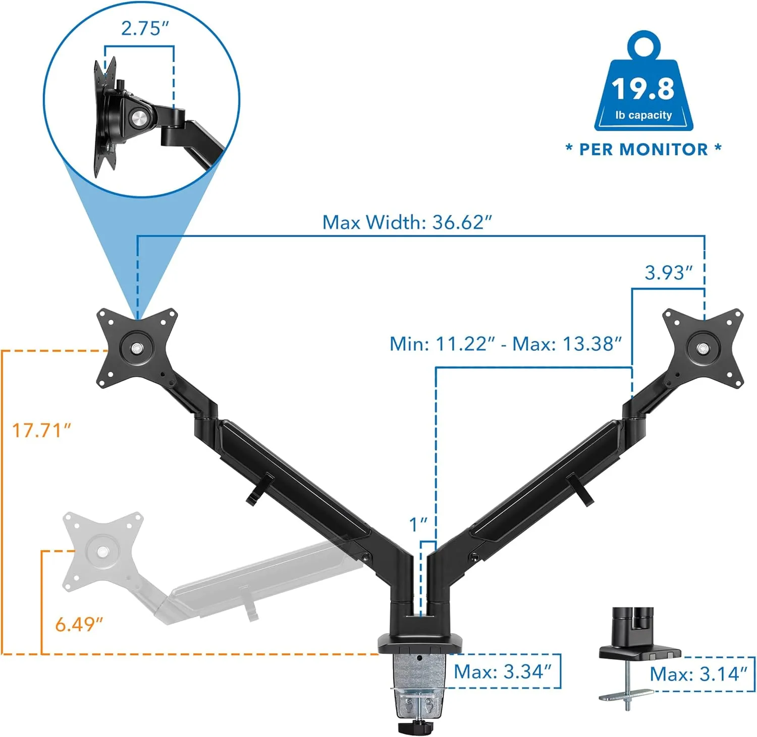 Mount-It! Dual Monitor Arm for 2 Monitors 17" to 32" Screens, Holds 19.8lbs per Arm, Height Adjustable, Tilt/Swivel/Rotate