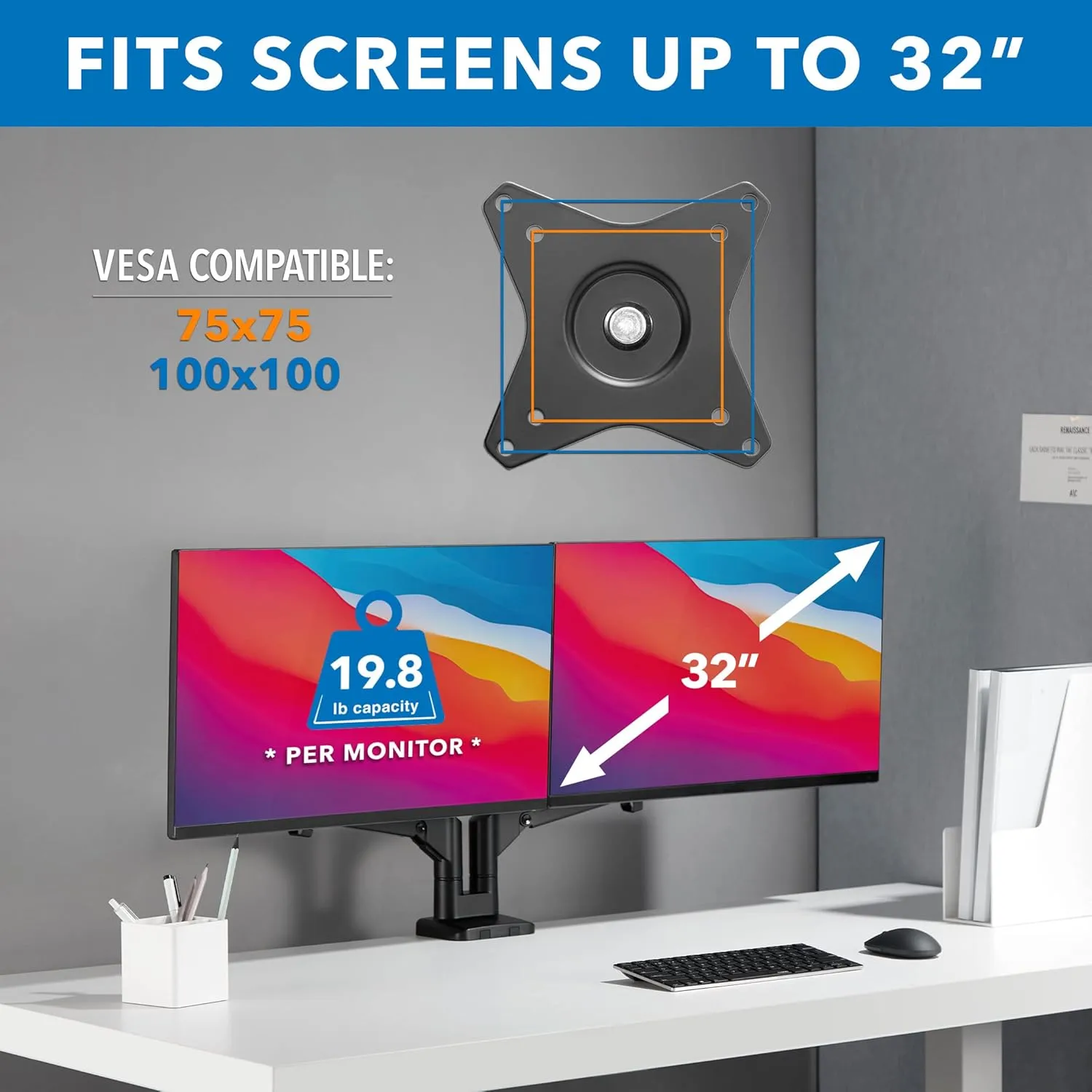 Mount-It! Dual Monitor Arm for 2 Monitors 17" to 32" Screens, Holds 19.8lbs per Arm, Height Adjustable, Tilt/Swivel/Rotate