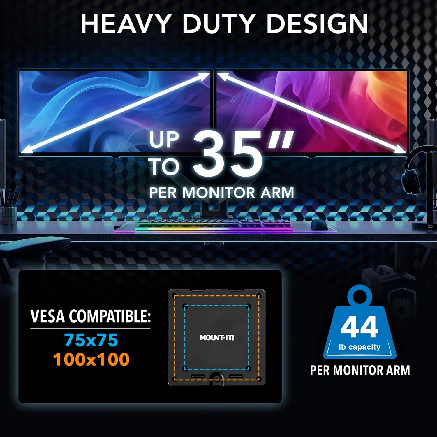 Mount-It! Heavy Duty Dual Monitor Arm up to 35 in. 44 lbs Screens, RGB Lights