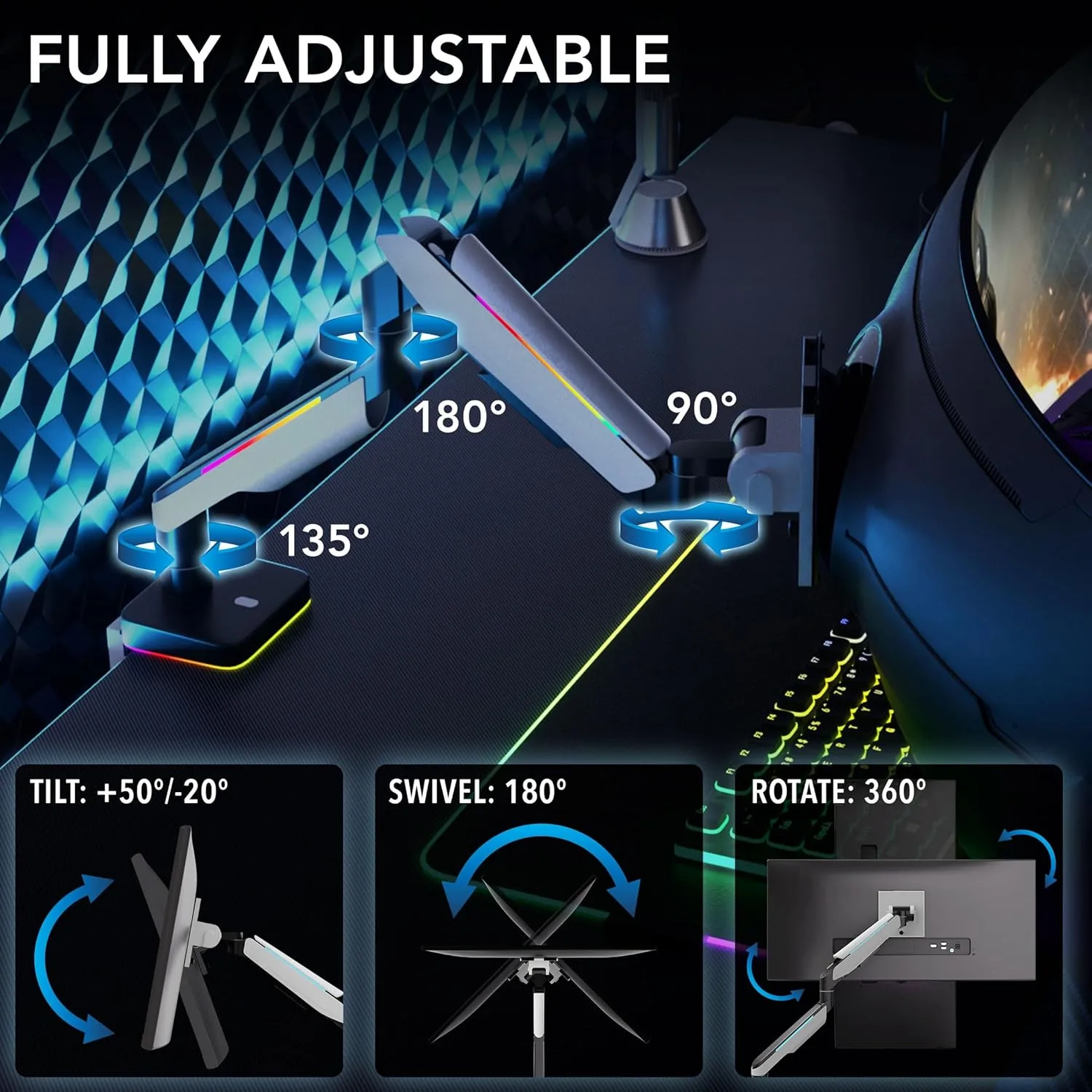 Mount-It! Heavy Duty Dual Monitor Arm up to 35 in. 44 lbs Screens, RGB Lights