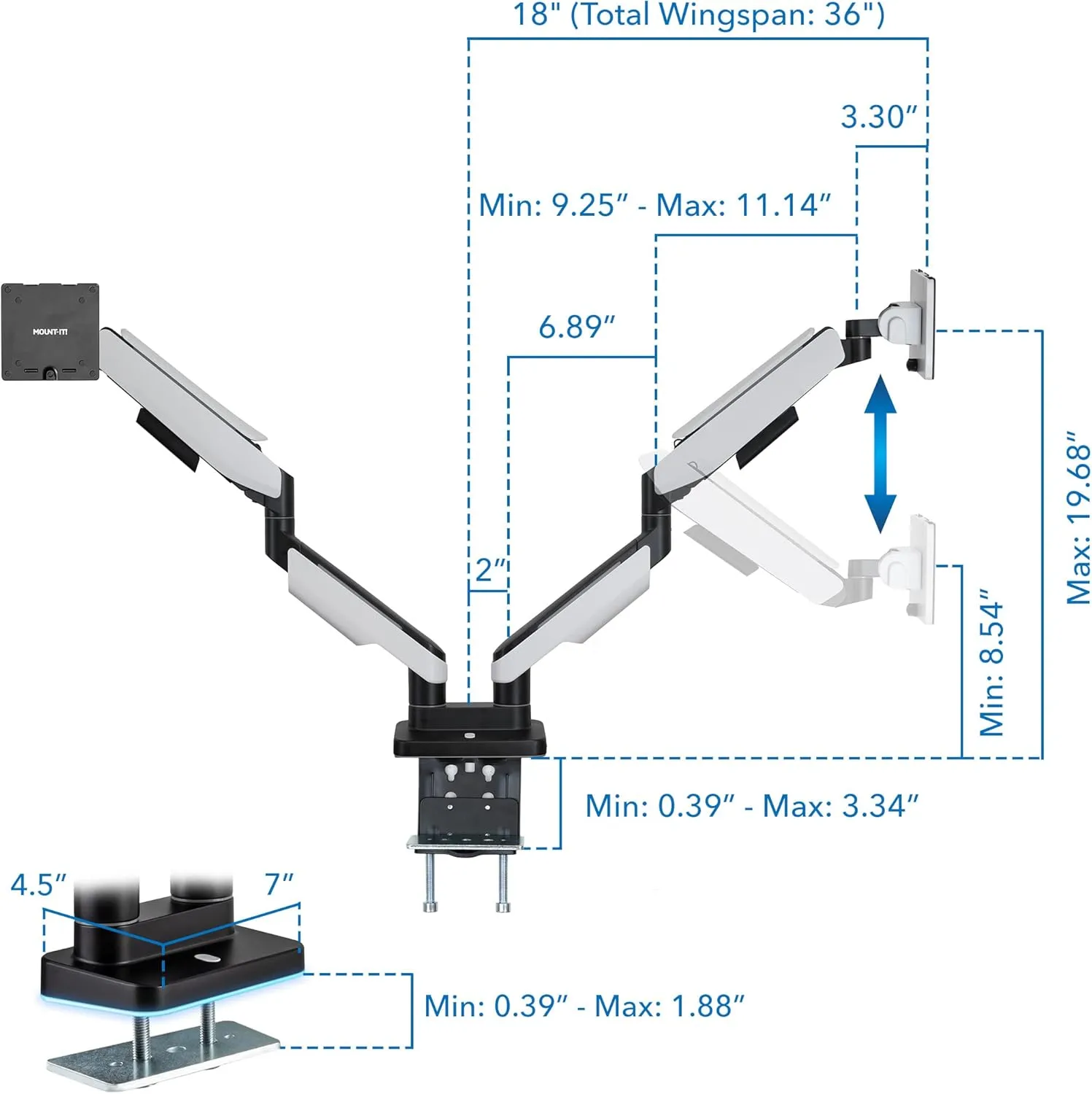 Mount-It! Heavy Duty Dual Monitor Arm up to 35 in. 44 lbs Screens, RGB Lights