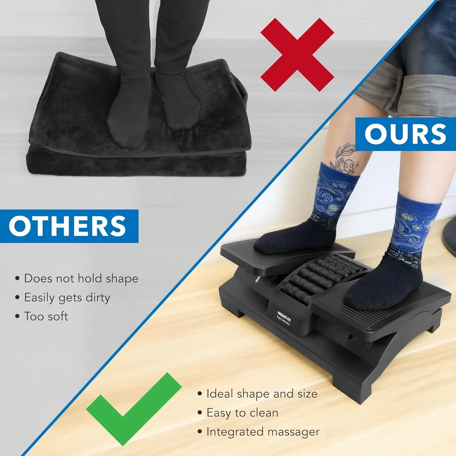 Mount-It! Ergonomic Footrest, Tilt Adjustable Individual Platforms, Height Adjustable Foot Rest with Massage Surface