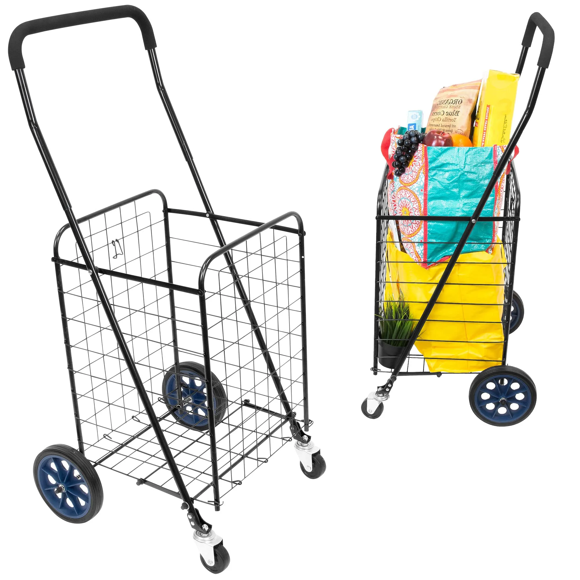 Mount-It! Foldable Shopping Cart with 360° Swivel Wheels, Portable Grocery Cart on Wheels with Extended Foam Handle