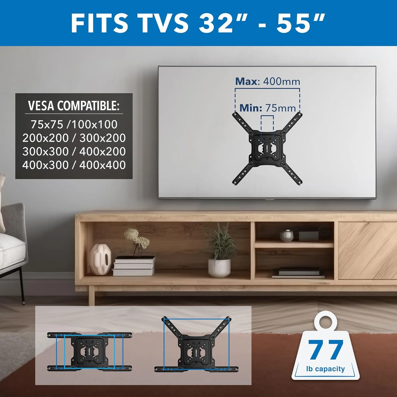 Mount-It! UL Certified Full Motion TV Wall Mount for Most 32-55 Inch Flat Screen TVs