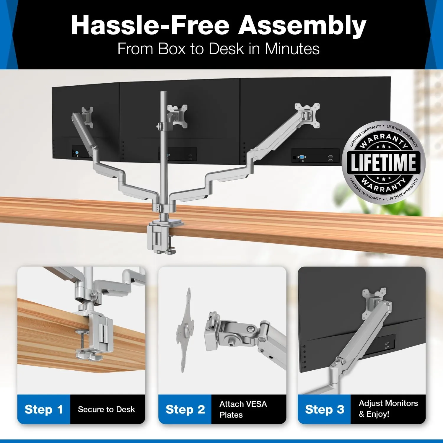 Mount-It! Triple Monitor Mount with USB and Audio Ports, 3 Monitor Desk Mount