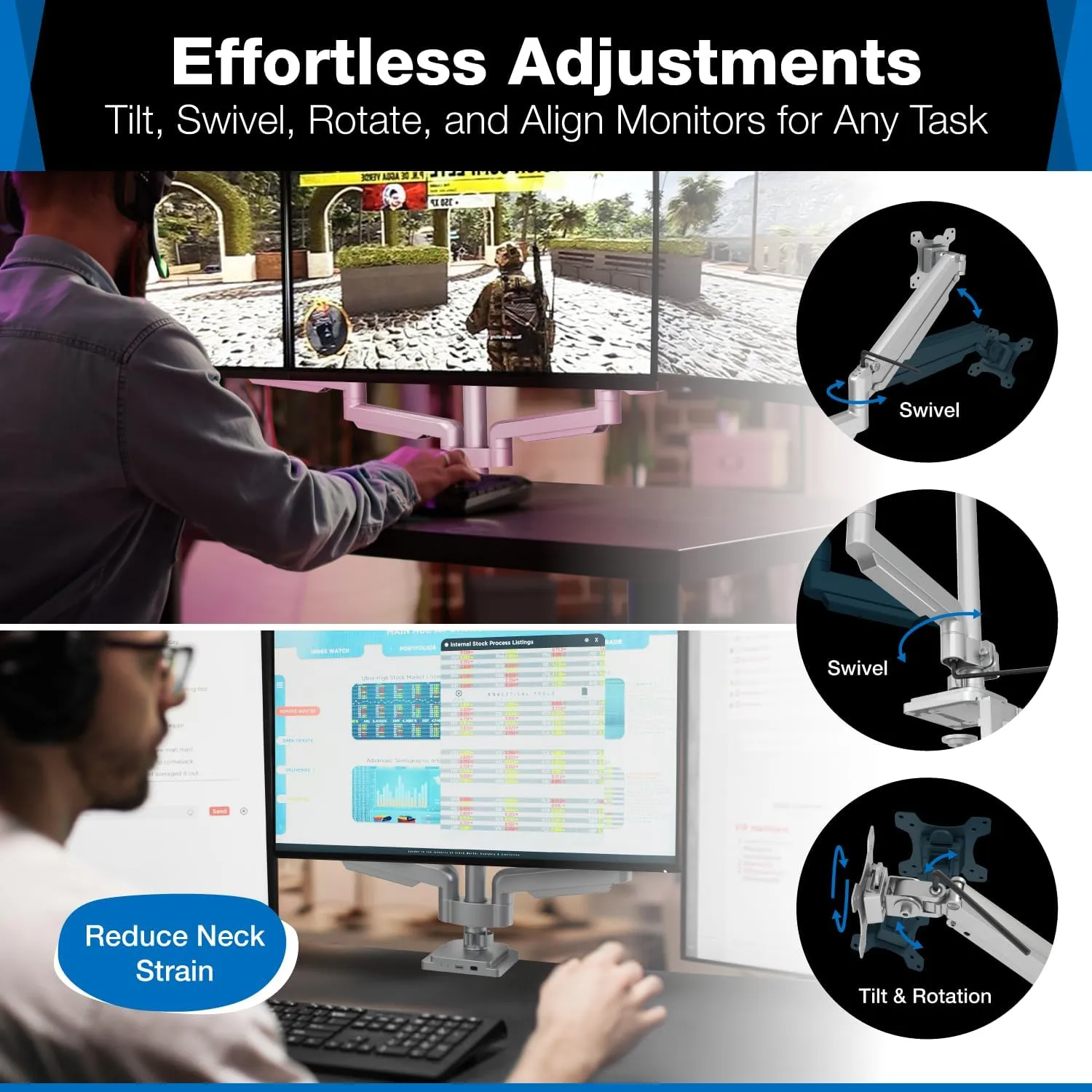 Mount-It! Triple Monitor Mount with USB and Audio Ports, 3 Monitor Desk Mount